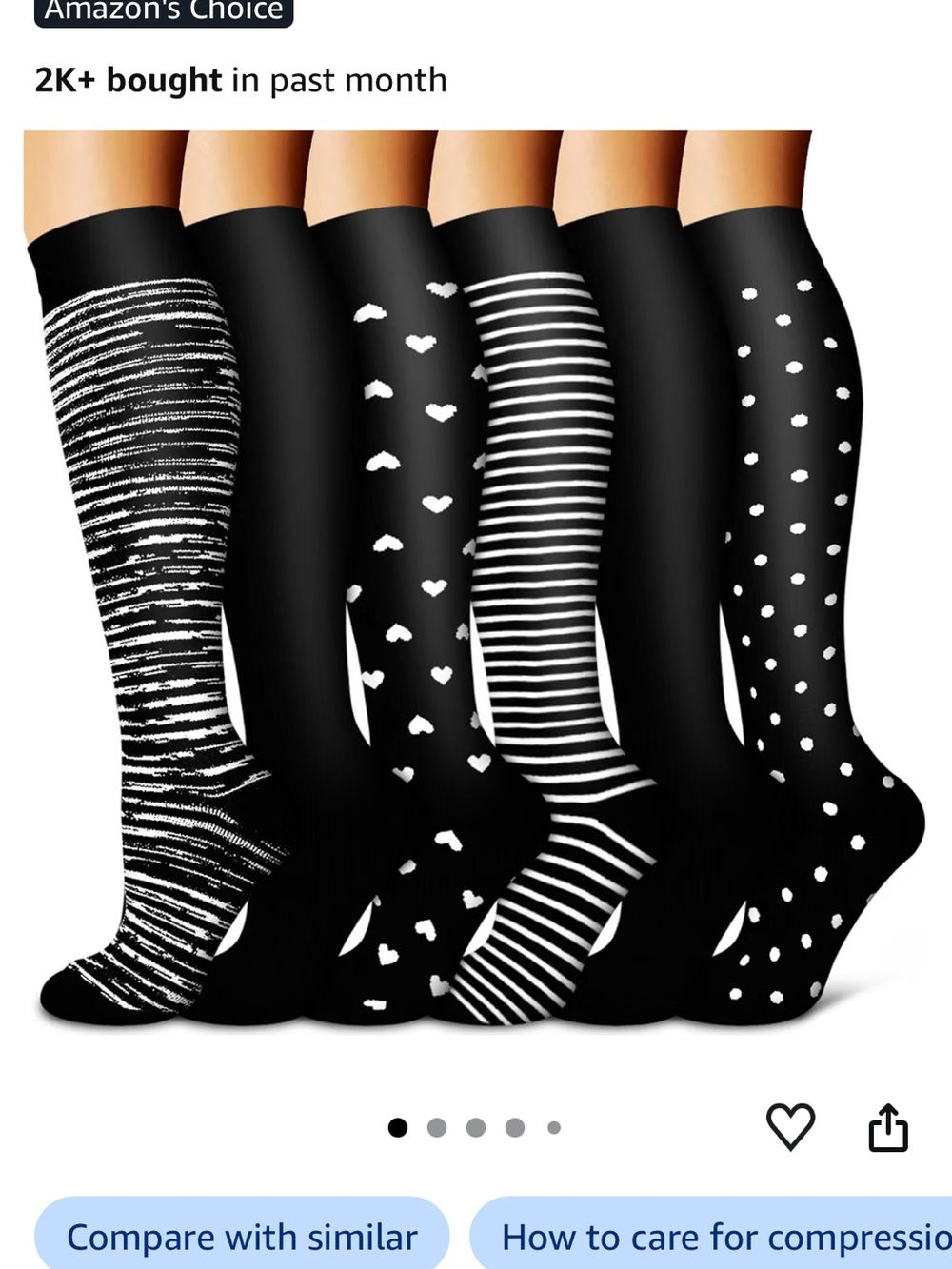 Compression Knee-High Socks for women — Black/White Patterned Pack
